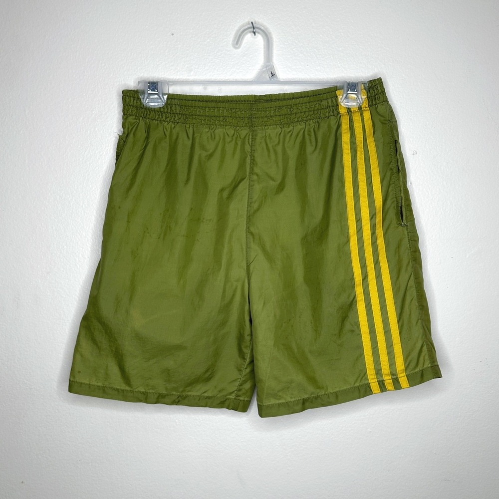 Vintage Adidas Shorts Trunks 1999 Olive Green Yellow 3-Stripe Youth Medium 10-12